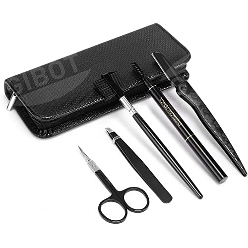Gibot Eyebrow Set, 5pcs Stainless Steel Eyebrow Grooming Kit with Tweezers, Scissors, Eyebrow Brush Comb, Eyebrow Pencil, Razor and Travel Case f