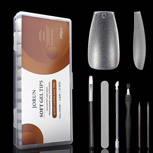 240 PCS Extra Short Square Gel False Nail Tips, Transparent Soft Gel Full Cover False Nail Tips, 12 Sizes Gel False Nail Tip Extension Kit, Suita