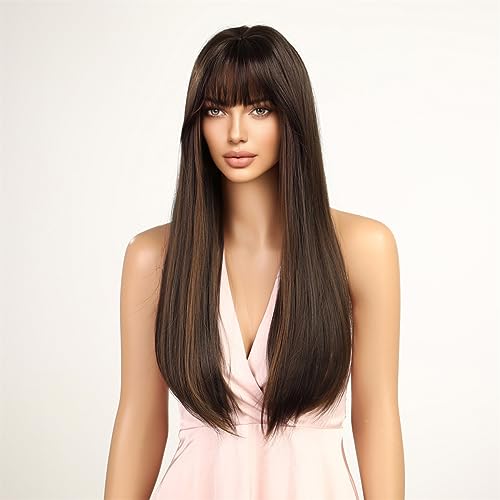 Esmee 24 Inches Long Straight Blonde Wig with Bangs Side Parting Natural Synthetic Hair Ombre Wigs for Women with Dark Roots for Daily Party Cosp