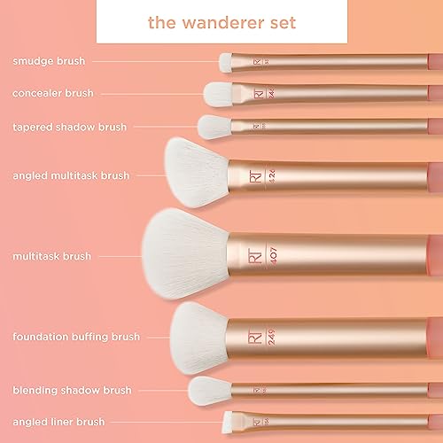 Real Techniques The Wanderer Make up brush kit, Premium and Professional 8 Midi-size Brush Set with Bag, Soft Bristles, For Foundations, Powders,