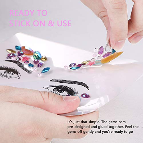 URAQT Face Gems Glitter, 6 Pcs Rhinestone Face Glitter, Crystals Face Stickers for Eyes, Self-Adhesive Body Temporary Tattoos for Party, Rave Fes