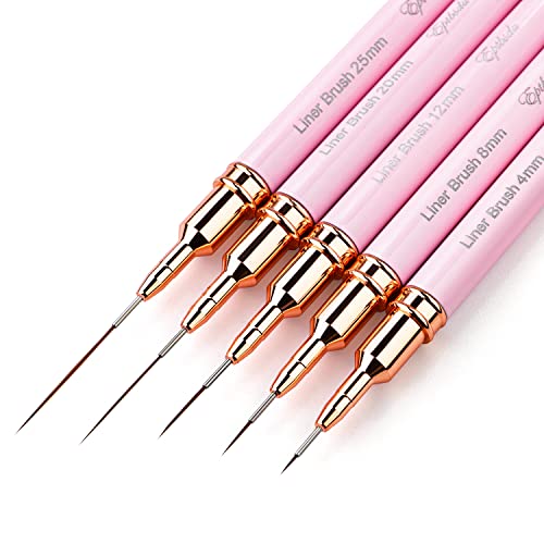 Nail Art Liner Brushes - Eptbsdu 5PC Nail Art Brush for Long Lines, Liner Brush UV Gel Polish Painting Nail Design Brush Metal Handle Nail Drawin