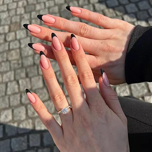 JUSTOTRY 24 Pcs Pale Orange Heart Short False Nails Stiletto,Beige French Press on Nails Pattern,Fake Nails Short with Nail Glue,Almond Medium St