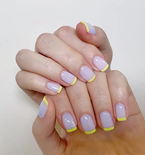 JUSTOTRY 24 Pcs Pastel Square Short False Nails,Multi Colour French Press on Nails Pattern, Cute Fake Nails Medium with Nail Glue,Rainbow Stick o