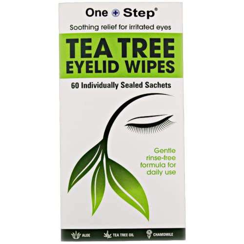 One Step Tea Tree Oil Eyelid Wipes, 60 Sachets, Natural, Aloe, Chamomile Daily Cleanser, Soothe, Relieve for Dry, Irritated, Tired, Itchy Eyes