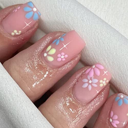 JUSTOTRY 24 Pcs Pastel Square Short False Nails,Multi Colour French Press on Nails Pattern, Cute Fake Nails Medium with Nail Glue,Rainbow Stick o