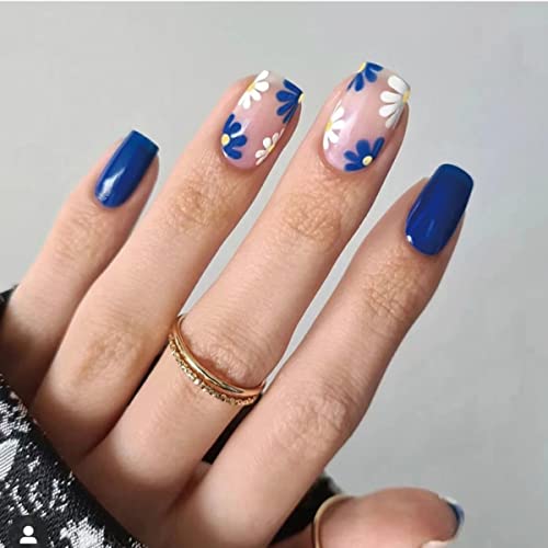 JUSTOTRY 24 Pcs Short False Nails Square,White French Press on Nails Pattern, Pretty Milky Fake Nails Short with Nail Glue, Stick on Nails for Wo