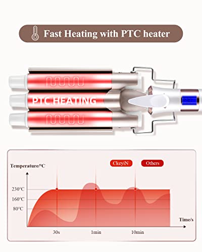 CkeyiN 3 Barrel Hair Waver, Curling Iron with LCD 16 Temperature Control Displays, Professional Ceramic Tourmaline Curling Wand, 22mm Hair Crimpe
