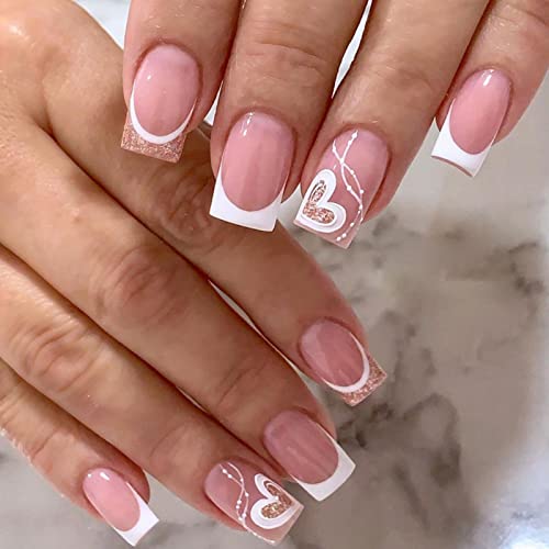 JUSTOTRY 24 Pcs Short False Nails Square,White French Press on Nails Pattern, Pretty Milky Fake Nails Short with Nail Glue, Stick on Nails for Wo