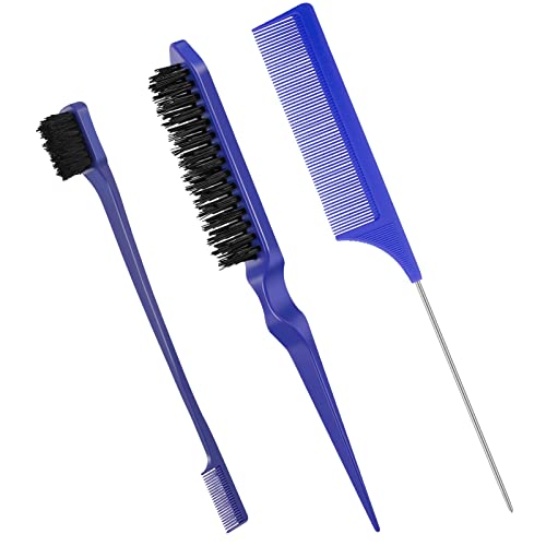 Fuyamp 3 Packs Slick Brush Set Teasing Brush Set, Plastic Bristle Hair Brush Teasing Comb Edge Hair Brush Grooming Combs Sturdy Rat Tail Comb Dou