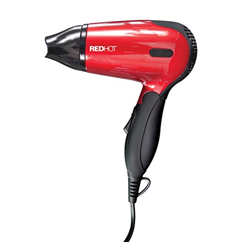 Red Hot 37070 1200W Travel Hair Dryer With Folding Handle / Dual Voltage / 2 Heat Settings / Compact & Lightweight / Red Coloured