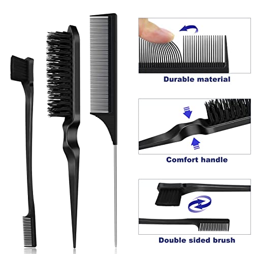 Qufiiry 3Pcs Slick Back Hair Brush Set, Double-Sided Edge Brush, Hard Bristle Brush and Rat Tail Hair Comb, Teasing Hair Edge Brushing, Slicking