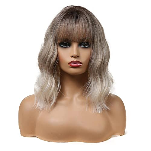 Esmee Short Wave Pink Bob Wigs With Bangs Shoulder Length Wig Curly Wavy Synthetic Cosplay Wigs for Women-12 Inches