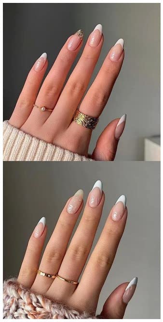 JUSTOTRY 4 Packs (96 Pcs) White and Black Square False Nails Short Pattern,Cheap and Durable French Press on Nails,Swirl Fake Nails Medium with N