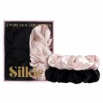 SILKIE x2 Set 100% Pure Mulberry Silk Pink Black Large Oversized Scrunchies Silk Travel Pouch Hair Ties Elastics Hair Care Premium Ponytail Holde
