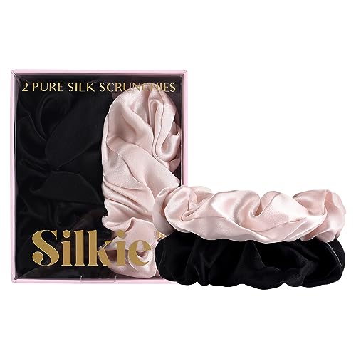 SILKIE x2 Set 100% Pure Mulberry Silk Pink Black Large Oversized Scrunchies Silk Travel Pouch Hair Ties Elastics Hair Care Premium Ponytail Holde