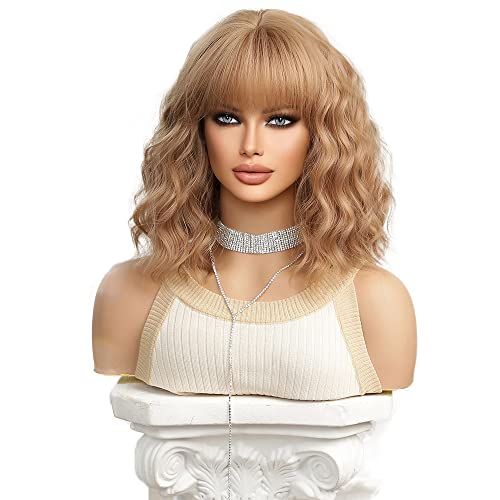 Esmee Short Wave Pink Bob Wigs With Bangs Shoulder Length Wig Curly Wavy Synthetic Cosplay Wigs for Women-12 Inches