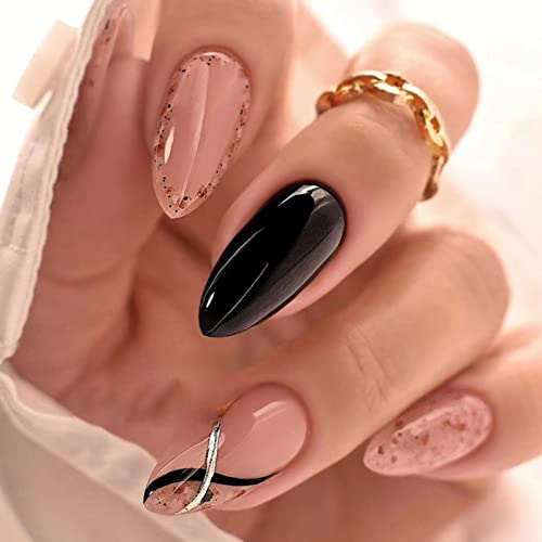 JUSTOTRY 24 Pcs Stiletto False Nails Medium with Jewels,Beige French Press on Nails Pattern,Fake Nails Short with Nail Glue,Almond Stick on Nails