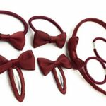 7 PIECE SCHOOL COLOURS Hair Bow Snap Clips SET ALICE BAND PONIOS PonyTail Holder Headband - Burgundy Wine Red