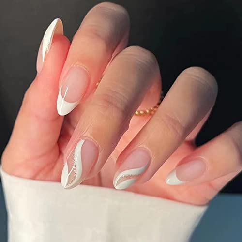 JUSTOTRY 24 Pcs Pale Orange Heart Short False Nails Stiletto,Beige French Press on Nails Pattern,Fake Nails Short with Nail Glue,Almond Medium St