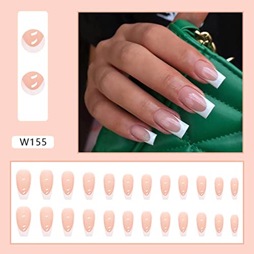 Daterkey 24pcs French Short Square Fake Nails Nude Pink False Nails Rhinestone Flowers Press on Nails for Women and Girls (D)