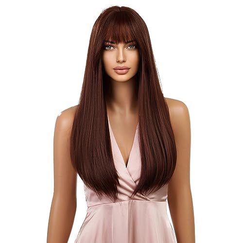 Esmee 24 Inches Long Straight Blonde Wig with Bangs Side Parting Natural Synthetic Hair Ombre Wigs for Women with Dark Roots for Daily Party Cosp
