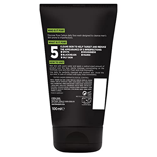 L'Oréal Paris Men Expert Face Wash Pure Charcoal, Glycerin, and Salicylic acid - Blackhead Cleanser for Men, 100 ml (Pack of 1)