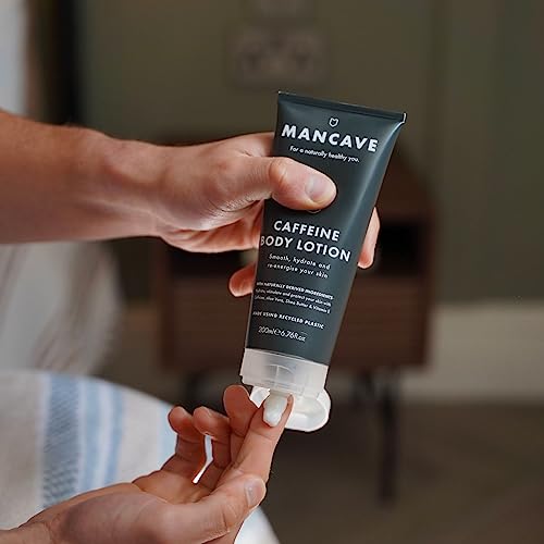 ManCave Caffeine Body Lotion 200ml for Men, Revives Dry and Dull Skin with Caffeine, Shea Butter and Olive Oil, Natural Formulation, Dermatologic