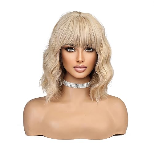 Esmee Short Wave Pink Bob Wigs With Bangs Shoulder Length Wig Curly Wavy Synthetic Cosplay Wigs for Women-12 Inches