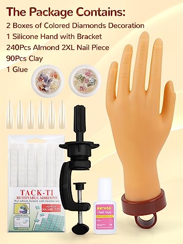 Deciniee Practice Hand for Acrylic Nails, Flexible Nail Practice Hand with 240 Pcs Nail Tips, Silicone Practice Nail Hand, Fake Hand with Stand f