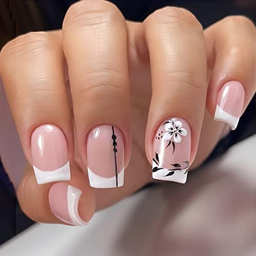 JUSTOTRY 24 Pcs Short False Nails Square,White French Press on Nails Pattern, Pretty Milky Fake Nails Short with Nail Glue, Stick on Nails for Wo