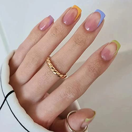 JUSTOTRY 24 Pcs Pastel Square Short False Nails,Multi Colour French Press on Nails Pattern, Cute Fake Nails Medium with Nail Glue,Rainbow Stick o