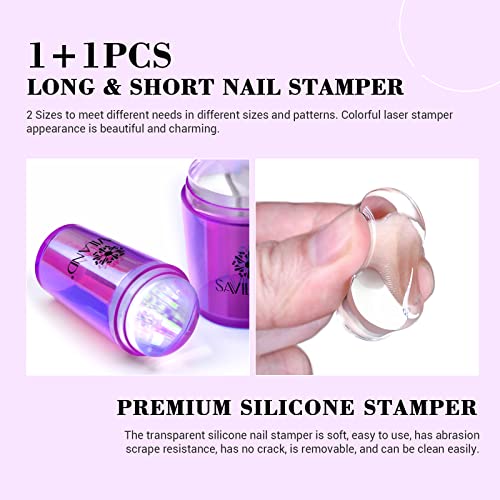 Saviland French Nail Stamper - 14PCS Durable French Tip Stamp Kit, Silicone Jelly Nail Stamper with Scrapers&Cleaning Pads, Nail Stamping Kit, Fr