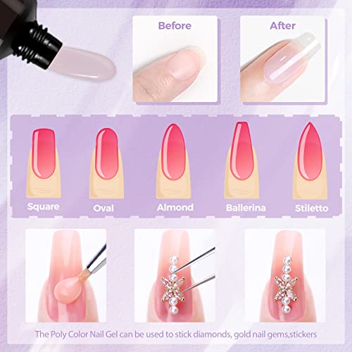 Mobray Poly Nail Gel Kit 6 Colors, 15ml Black Red Extension Nail Gel Starter Professional Kit with Slip Solution, Base Top Coat and Clips