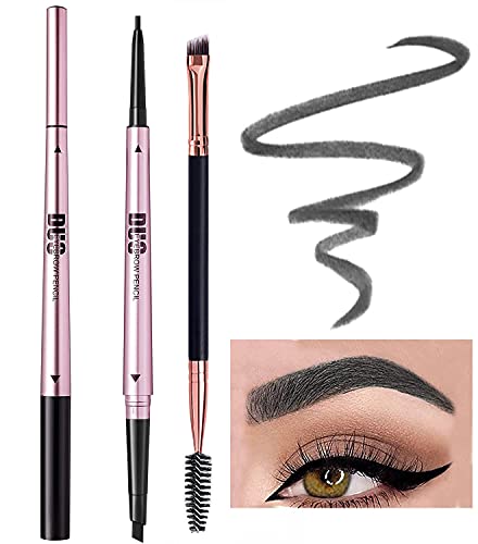 Mihqy 2 PCS Eyebrow Pencil Waterproof with Brow Brush, Dual Ended Eyebrow Pen, Automatic Makeup Cosmetic Tool(Dark Brown)
