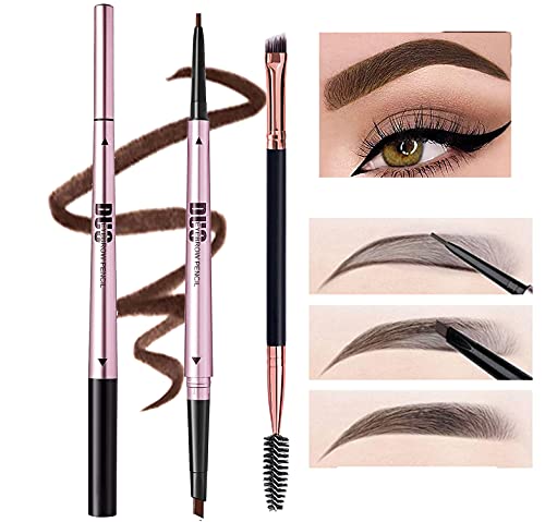 Mihqy 2 PCS Eyebrow Pencil Waterproof with Brow Brush, Dual Ended Eyebrow Pen, Automatic Makeup Cosmetic Tool(Dark Brown)