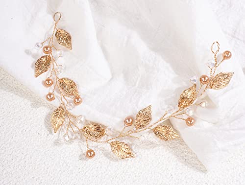 Cathercing Bridal Wedding Headband Hair Vine Headdress Gold Leaf Hair Band Vintage Long Bridal Headband Hair Accessories for Bride Hair Clips for