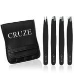 CRUZE Tweezers Set of 4 Precision Tweezers for Facial Hair Women and Men – Eyebrow Tweezers, Eyelash Tweezers, Slanted and Pointed Tip for Ingrow