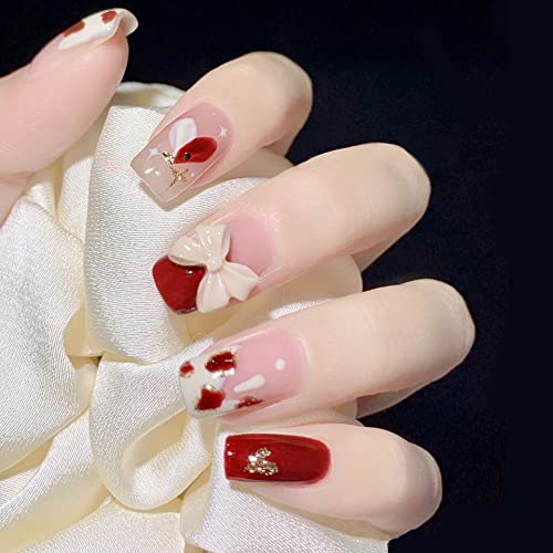JUSTOTRY 24 Pcs Fake Nails Short, Red and Yellow Swirl Press on Nails with Designs, Glossy Pink French False Nails Short, Stick on Nails for Wome