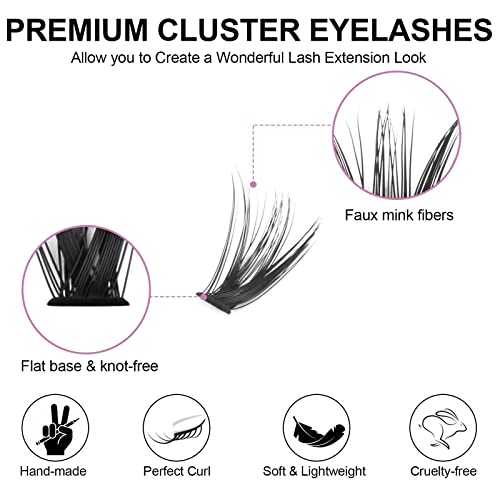 Cluster Eyelashes Extensions Kit, 240 Pcs 20D+40D 9-14mm 0.07D Curl Mixed Individual DIY Lashes with Lash Bond & Seal and Applicator,Cluster Lash