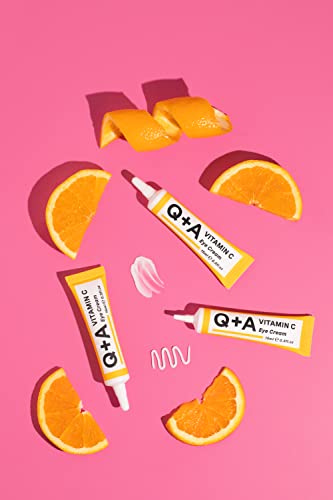 Q+A Vitamin C Eye Cream, a blend of Vitamin C, Cherry Extract, and Glycogen, to reinvigorate delicate skin, delivering an essential hit of moistu