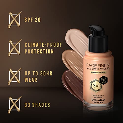 Max Factor Facefinity All Day Flawless 3 in 1 Liquid Foundation, Lightweight Oil Free Formula with SPF 20, 075 Golden, 30 ml