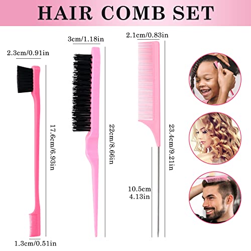 Sularpek 3 Pcs Slick Brush Set, Plastic Bristle Hair Brush Teasing Comb Edge Hair Brush Teasing Brush Set, Rat Tail Comb Double Sided Edge Brush,