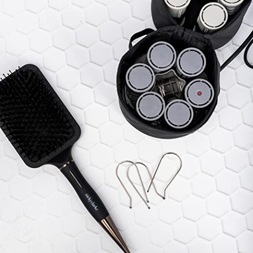 Nicky Clarke Heated 25 mm Rollers Compact Travel Set of 12, Ionic Self Grip with Pin Clips and Zip Storage Bag - NHS006, Grey