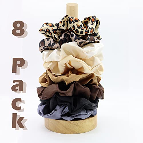 LIHELEI 8PCS Women Hair Scrunchies, Leopard Silk Satin Ponytail Holder, Solid Color Elastic Hair Bands Scrunchy Hair Ties Ropes for Women Girls L