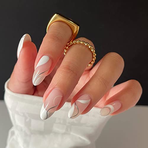 JUSTOTRY 24 Pcs Pale Orange Heart Short False Nails Stiletto,Beige French Press on Nails Pattern,Fake Nails Short with Nail Glue,Almond Medium St