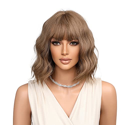 Esmee Short Wave Pink Bob Wigs With Bangs Shoulder Length Wig Curly Wavy Synthetic Cosplay Wigs for Women-12 Inches