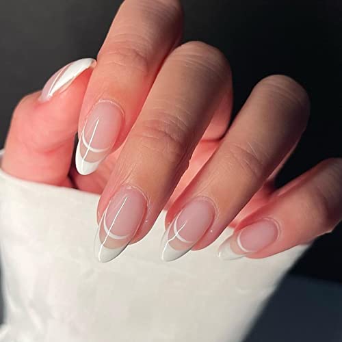 JUSTOTRY 24 Pcs Pale Orange Heart Short False Nails Stiletto,Beige French Press on Nails Pattern,Fake Nails Short with Nail Glue,Almond Medium St