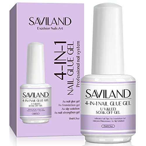 Saviland 4-in-1 Nail Glue Gel - 15ML Gel Nail Glue, Glue Gel for Press on Nails & Fake Nails, Gel Base Strengthen for Nails, Slip Solution for Po