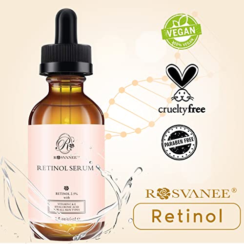 ROSVANEE Retinol Serum for Face 60ml - High Strength with 2.5% Retinol, Hyaluronic Acid, Vitamin C & E, Anti Aging Facial Serum for Skin Repair,
